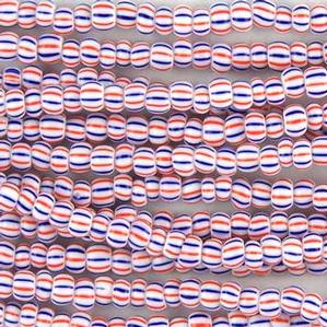 G14-5/16/68 Pony Bead - White/Red/Blue Stripe